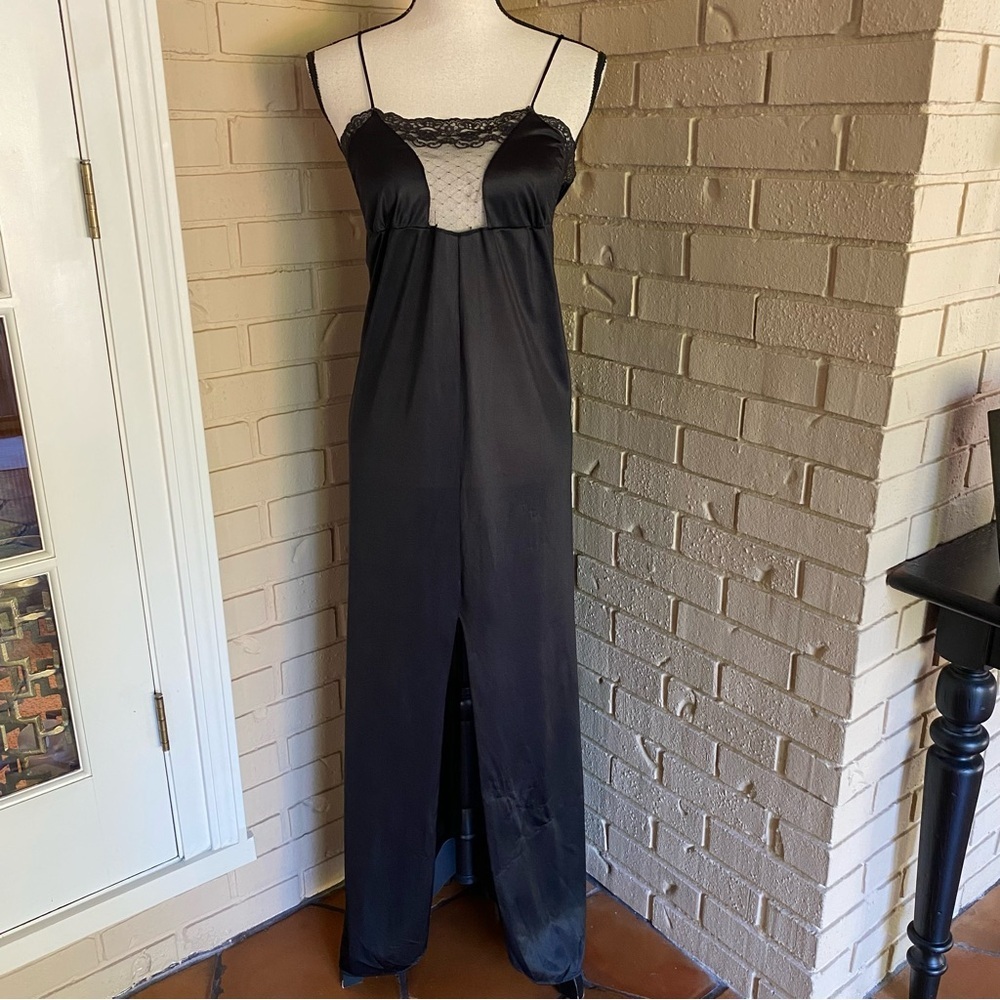 Vtg Queens Way Black Lace Full Slip Chemise Dress Old Hollywood Goth Slit Vamp M
